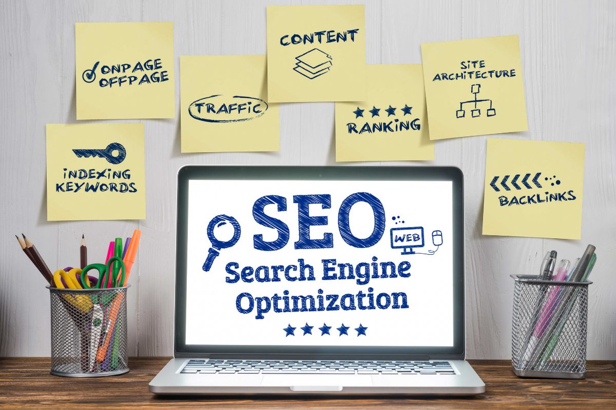 SEO (Search Engine Optimization) displayed on a laptop screen